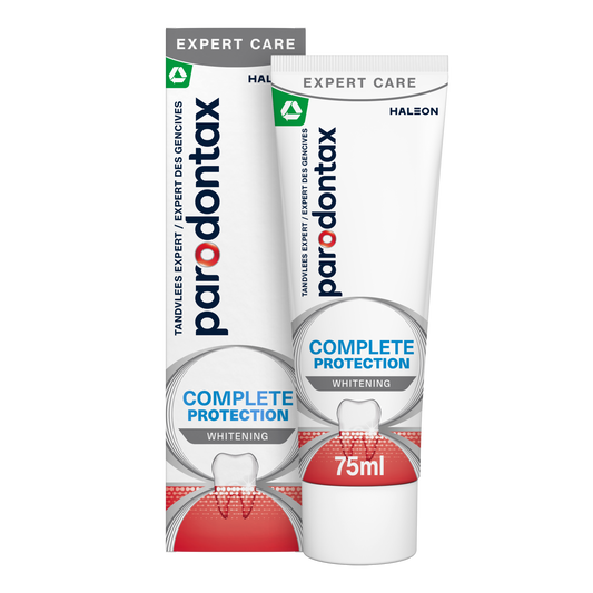 Parodontax Complete Protection Whitening toothpaste in a 75ml tube showing the toothpaste tube with branding and packaging.
