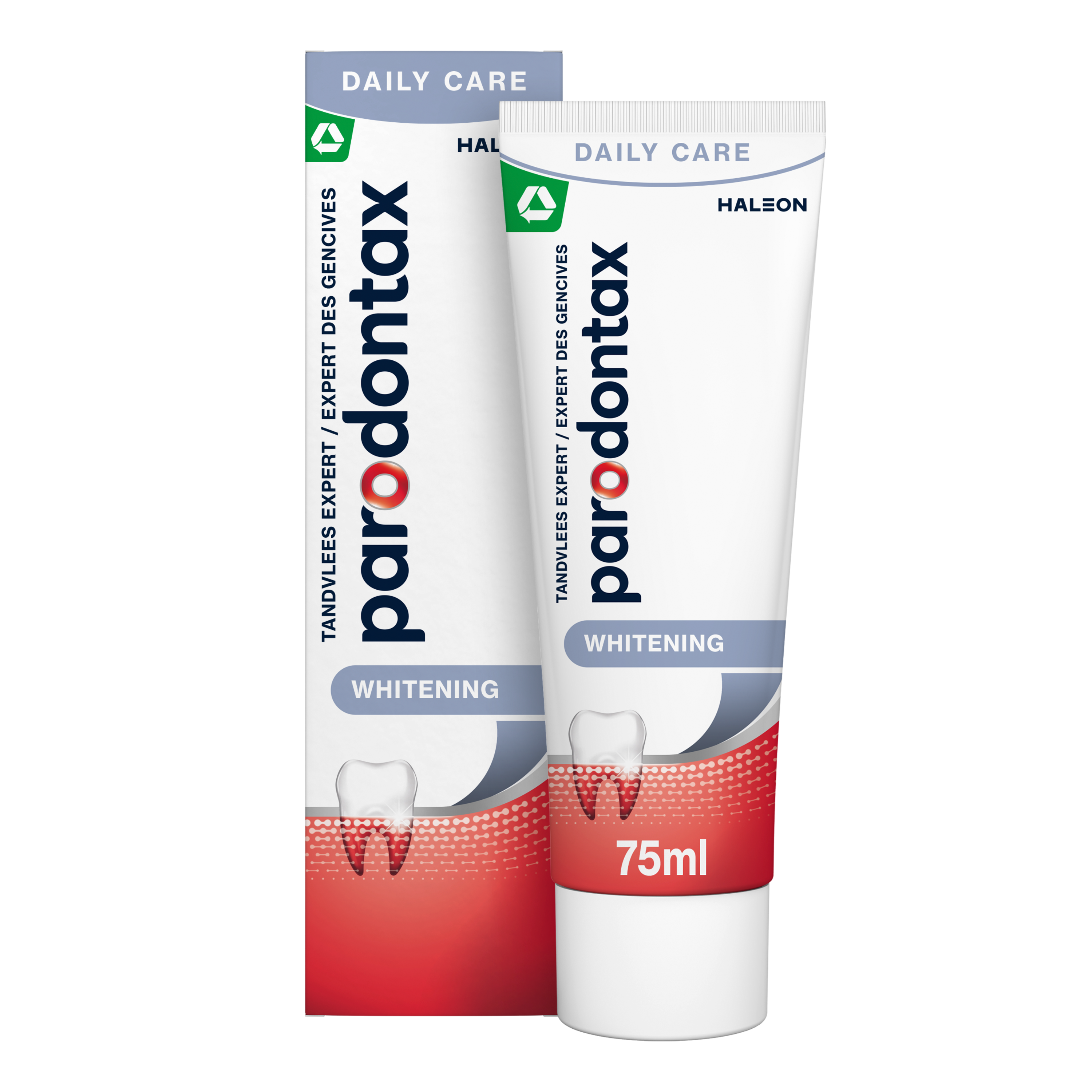 Parodontax whitening toothpaste in 75ml tube, showing the toothpaste and packaging with brand logo and product details.