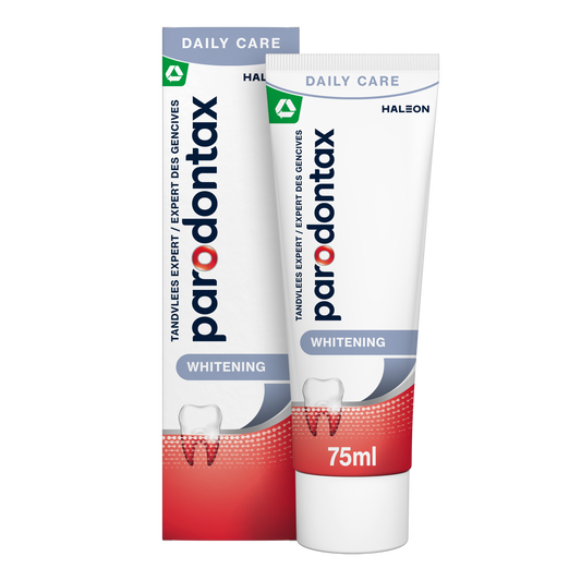 Parodontax whitening toothpaste in 75ml tube, showing the toothpaste and packaging with brand logo and product details.