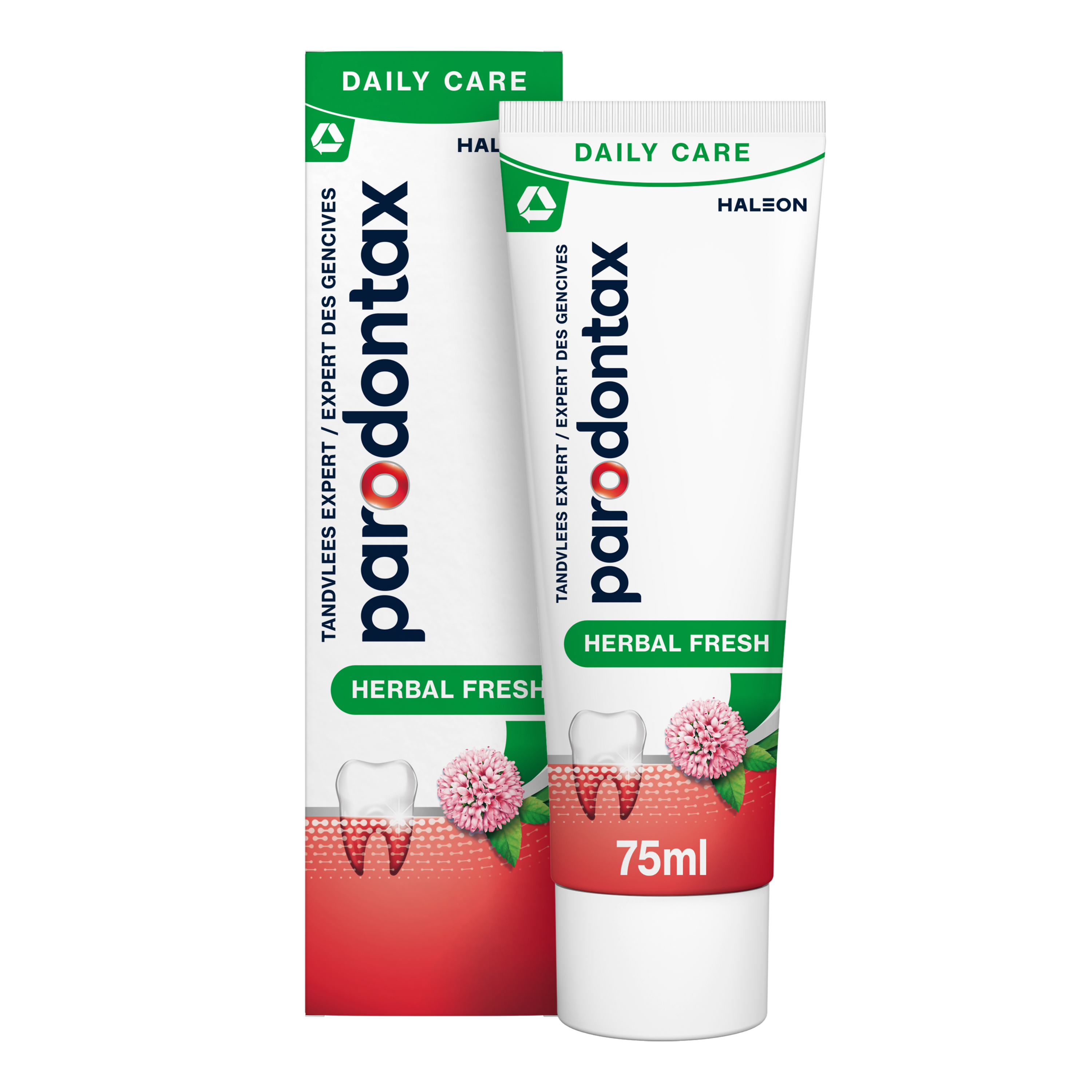 Parodontax herbal fresh toothpaste in a 75ml tube, featuring natural herbal ingredients for oral freshness and gum health.