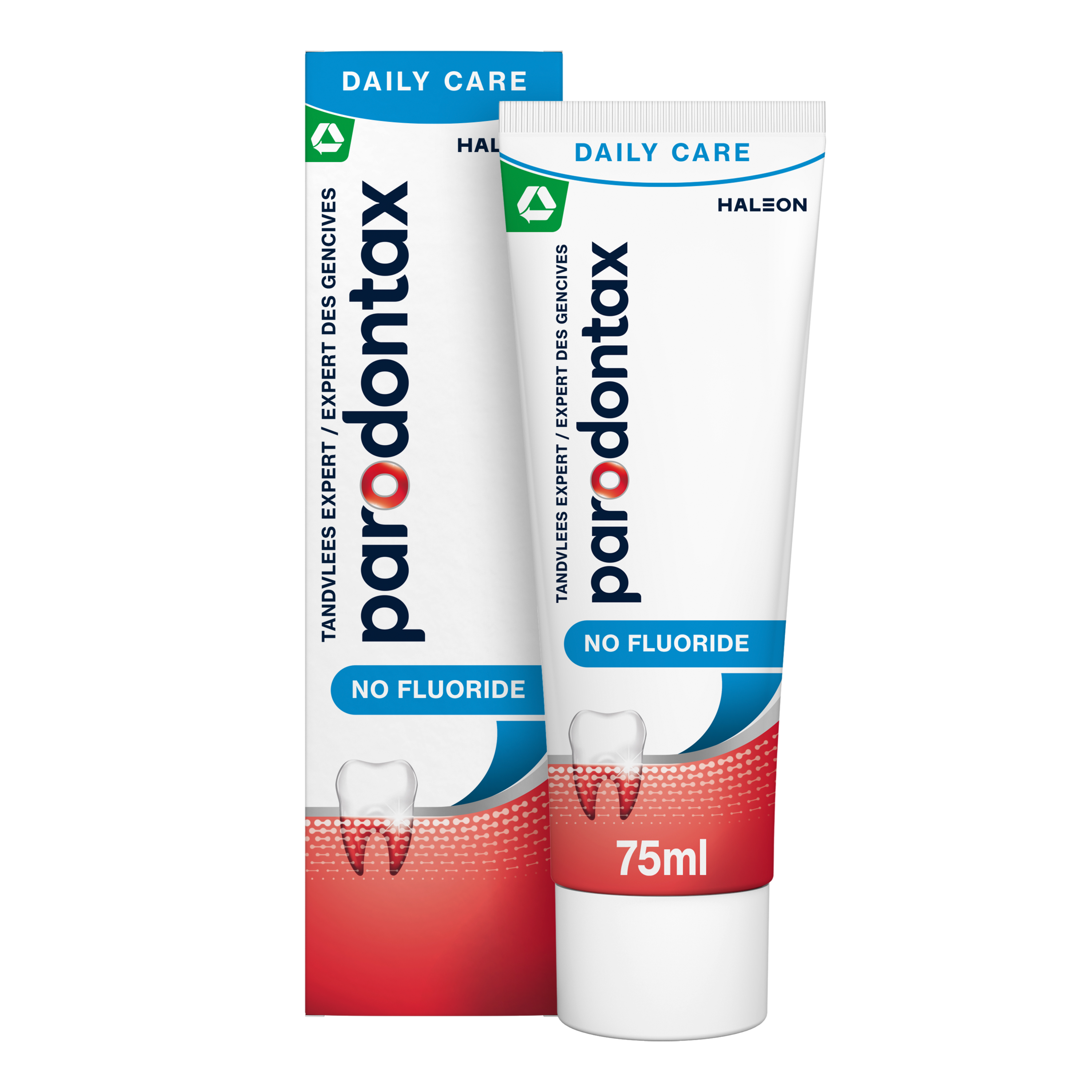Parodontax fluoride-free toothpaste in 75ml tube, featuring a white and green packaging design.