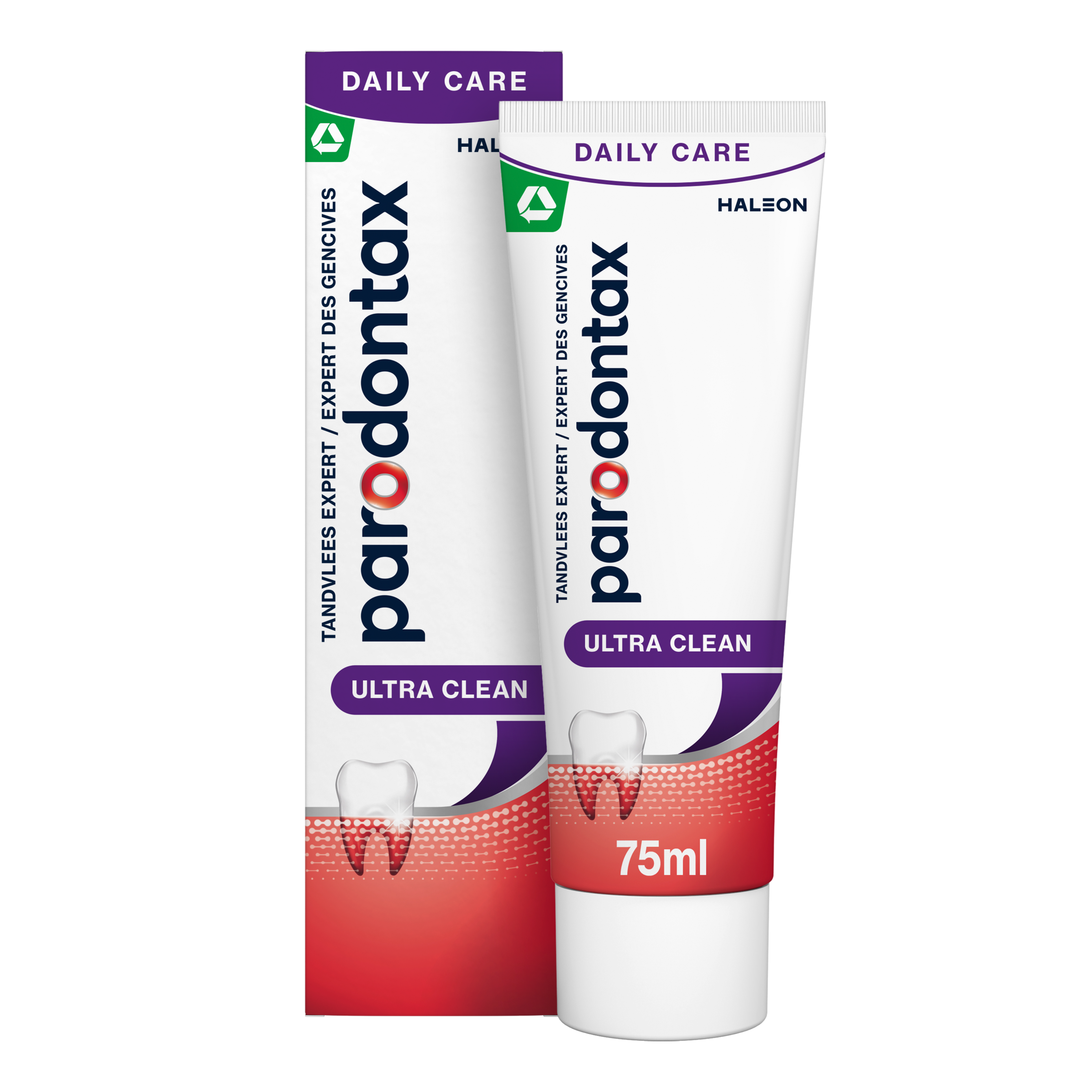 Parodontax Ultra Clean toothpaste in a 75ml tube, designed for oral health and fresh breath.