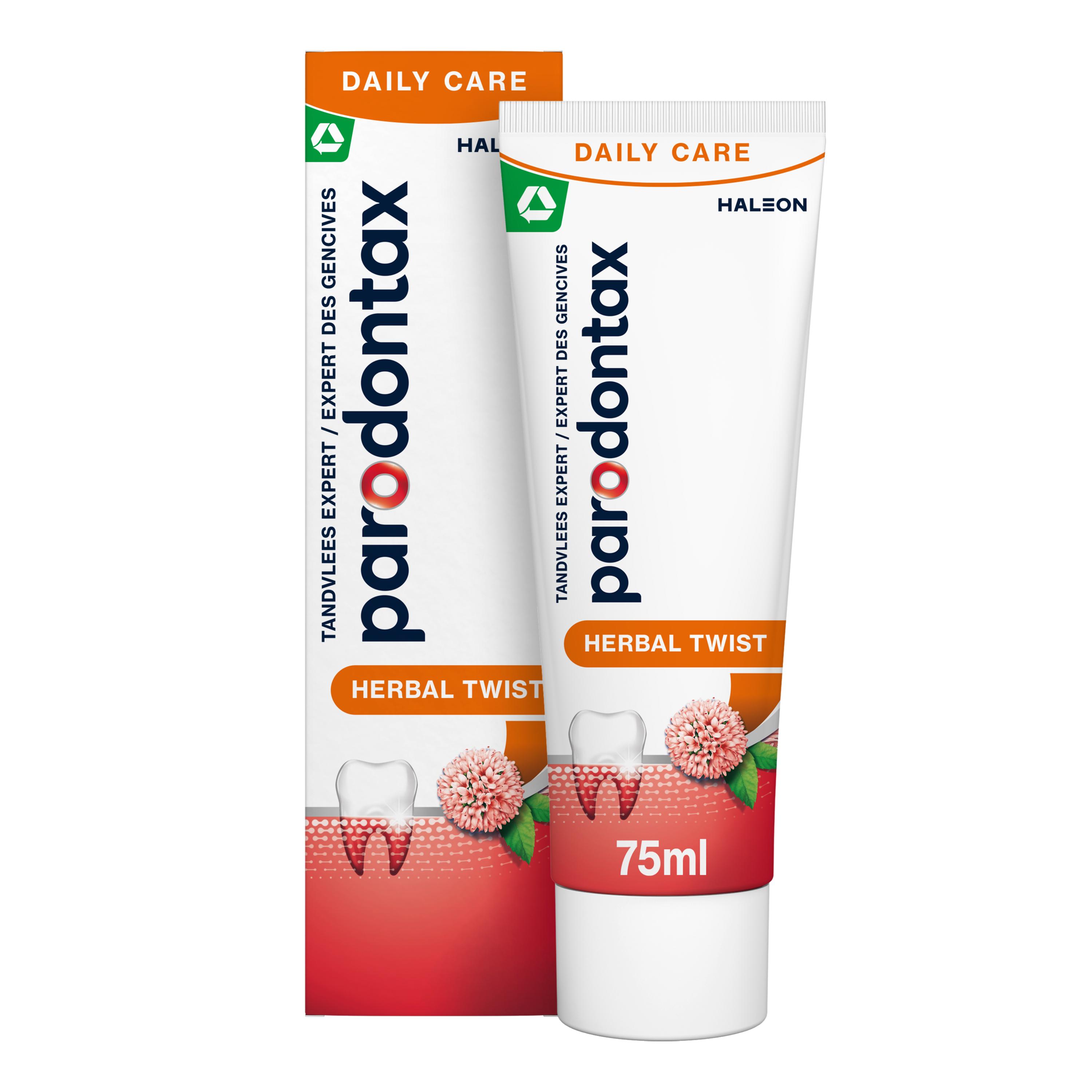 Parodontax Herbal Twist toothpaste 75ml tube showing herbal ingredients and packaging for oral hygiene.