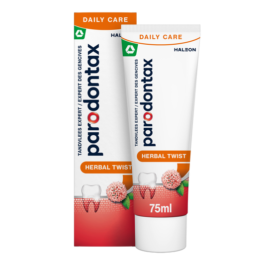 Parodontax Herbal Twist toothpaste 75ml tube showing herbal ingredients and packaging for oral hygiene.