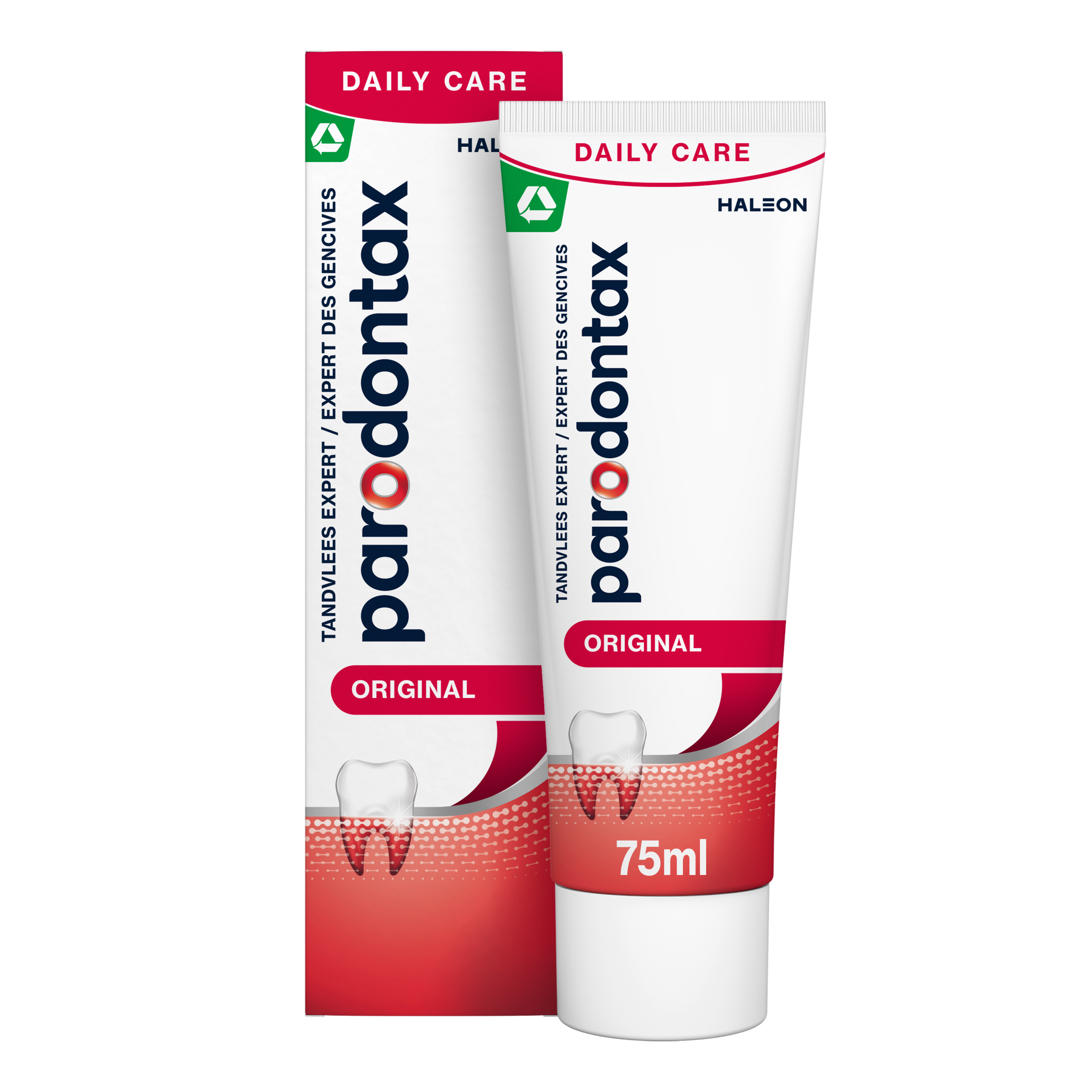 Parodontax fluoride toothpaste in a 75ml tube with a white and blue packaging design.