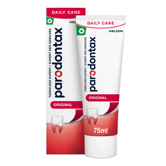 Parodontax fluoride toothpaste in a 75ml tube with a white and blue packaging design.