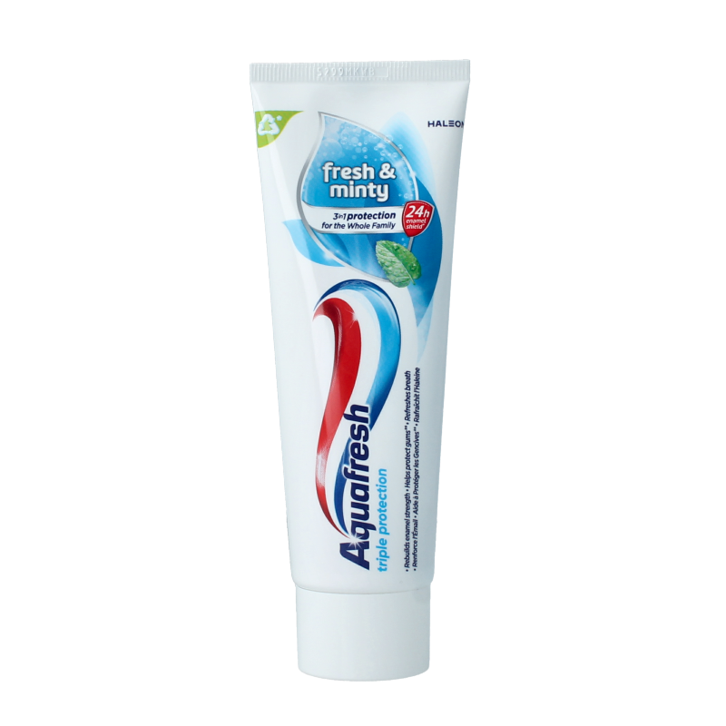 Aquafresh Fresh & Mint toothpaste tube, 75ml, with blue and white packaging and mint flavor branding.