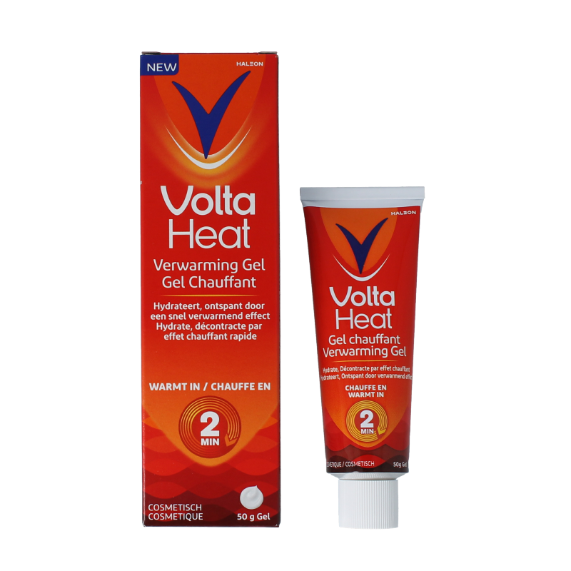 Voltaheat warming gel in a 50 gram tube, used for muscle and joint care, offering soothing heat therapy.