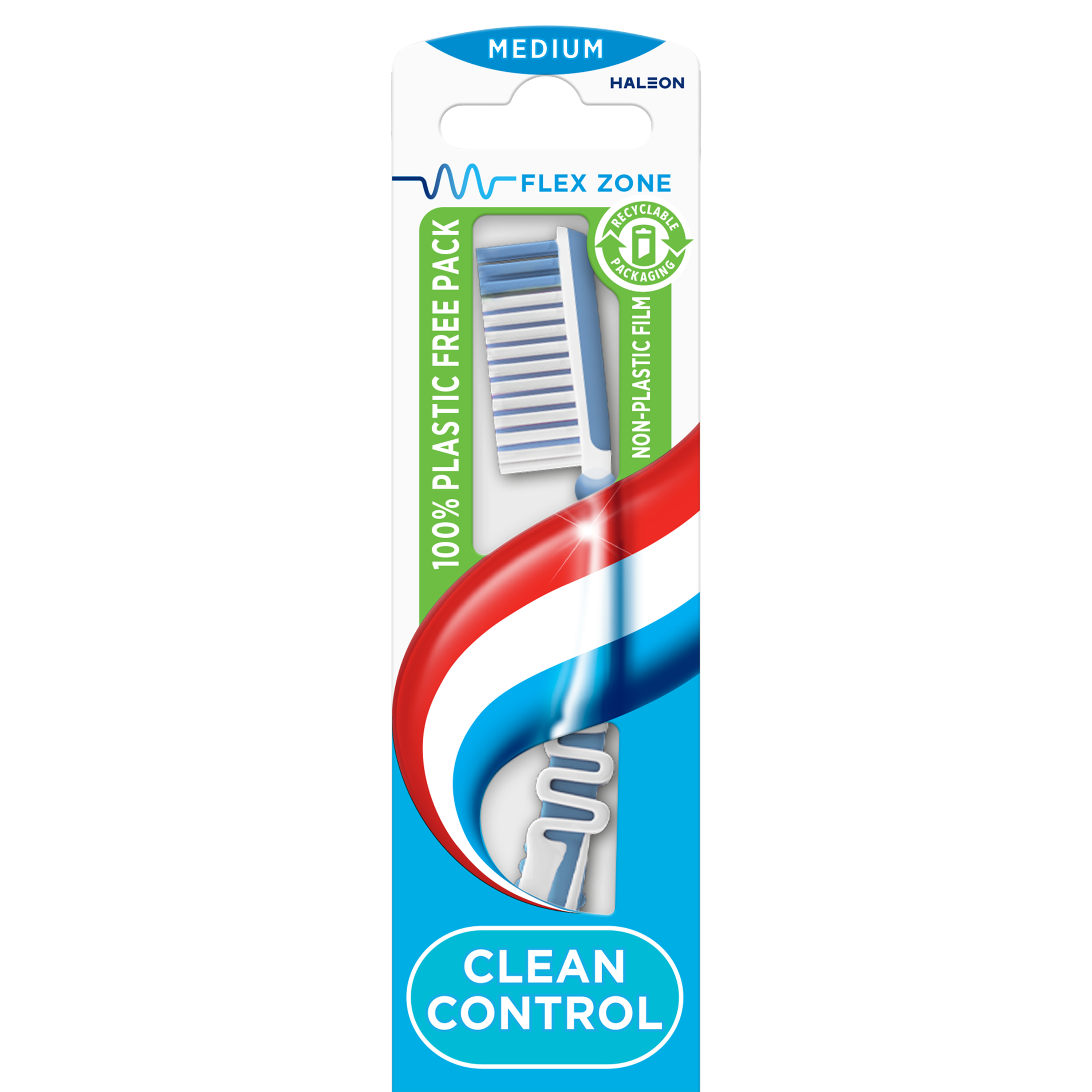 Aquafresh Clean Control Medium toothbrush showing bristles and handle, designed for effective oral cleaning.