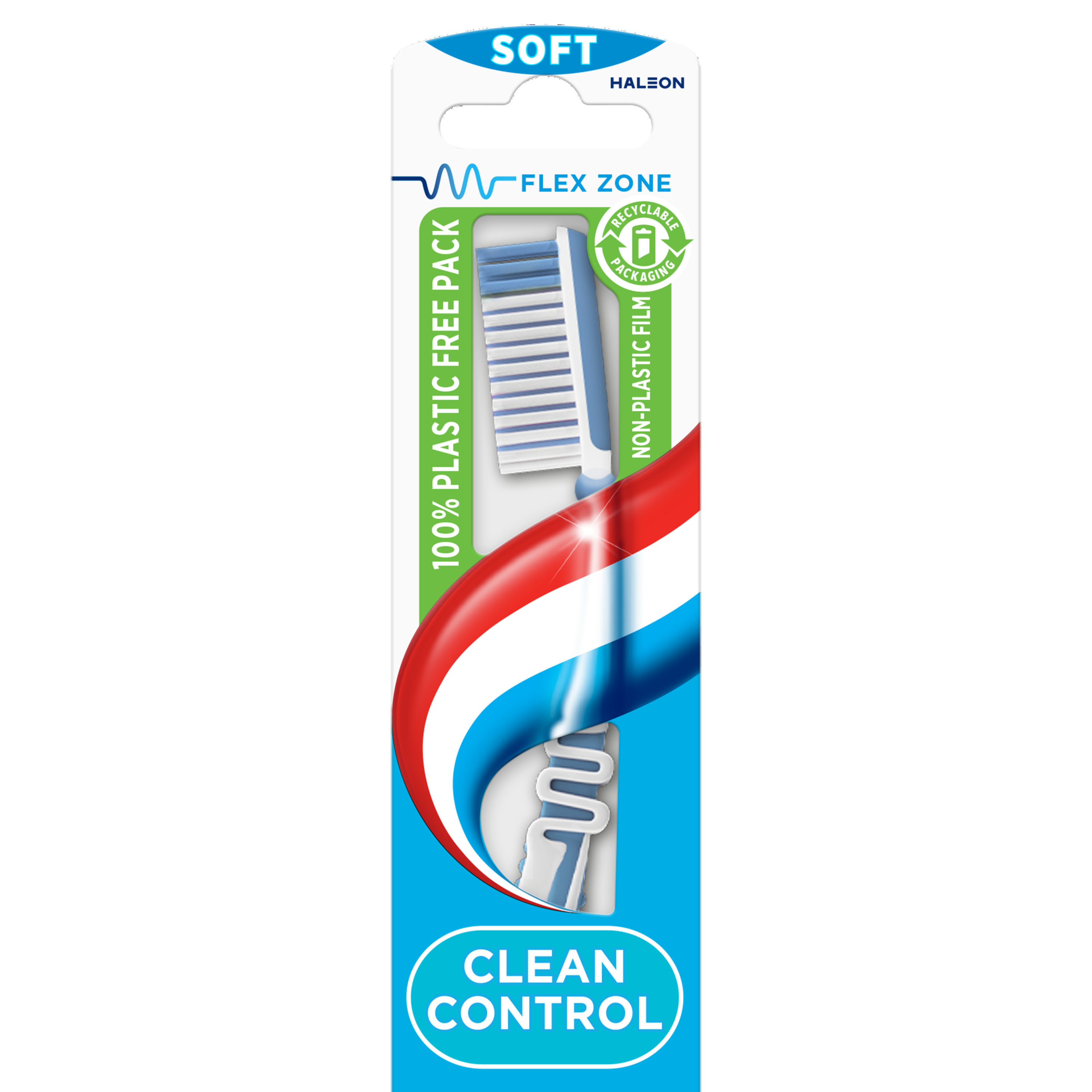Aquafresh Clean Control Soft toothbrush with blue and white bristles, displayed next to a tube of toothpaste.