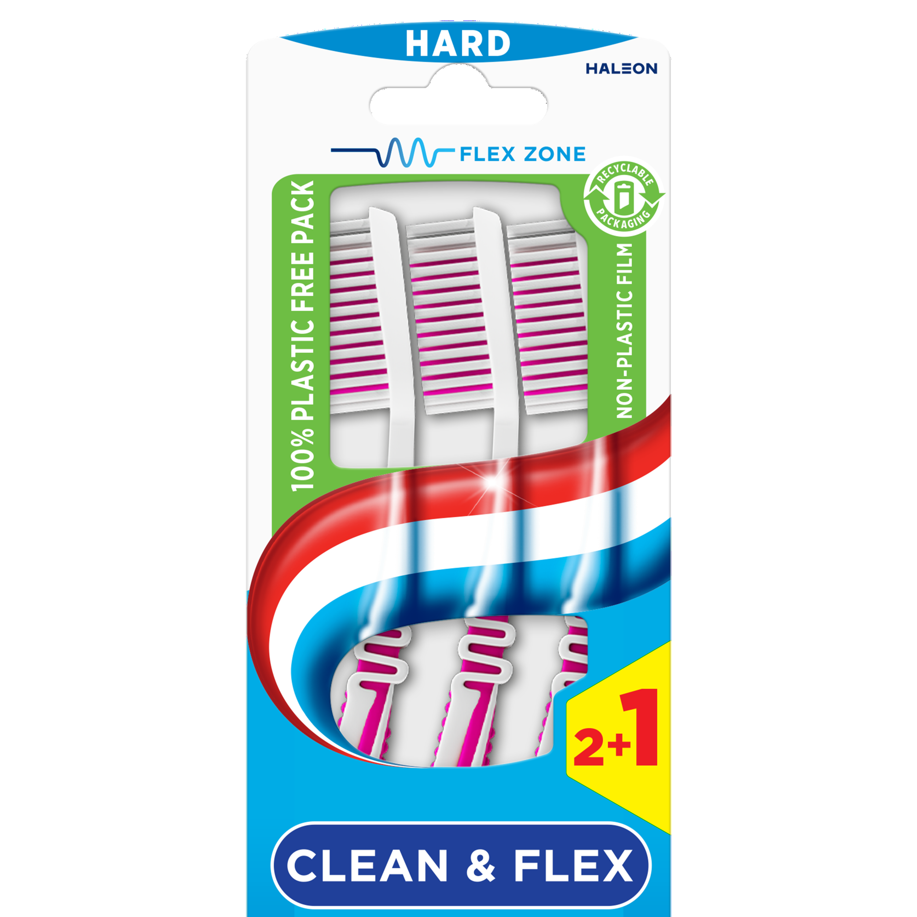 Aquafresh clean & flex hard toothbrushes, set of 3, with blue and white bristles, designed for effective cleaning and flexibility.