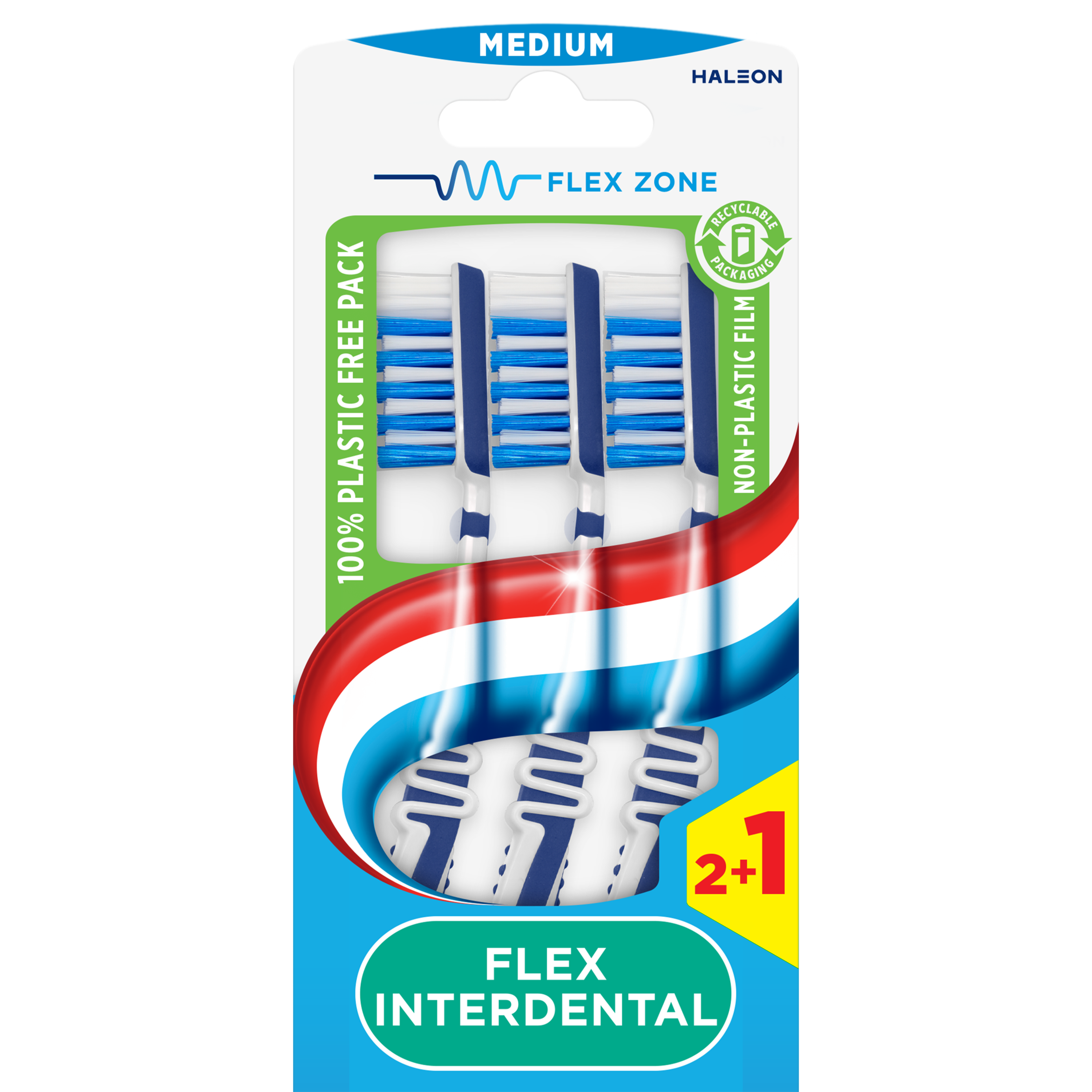 Aquafresh interdental medium toothbrushes, pack of 3, with flexible design for effective cleaning and gum care.