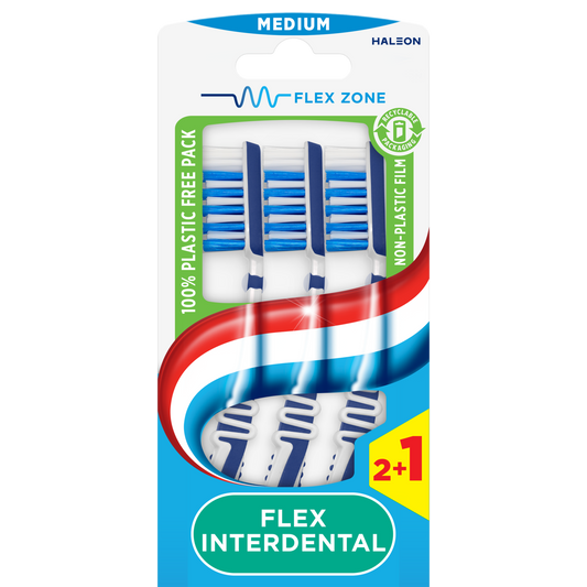 Aquafresh interdental medium toothbrushes, pack of 3, with flexible design for effective cleaning and gum care.