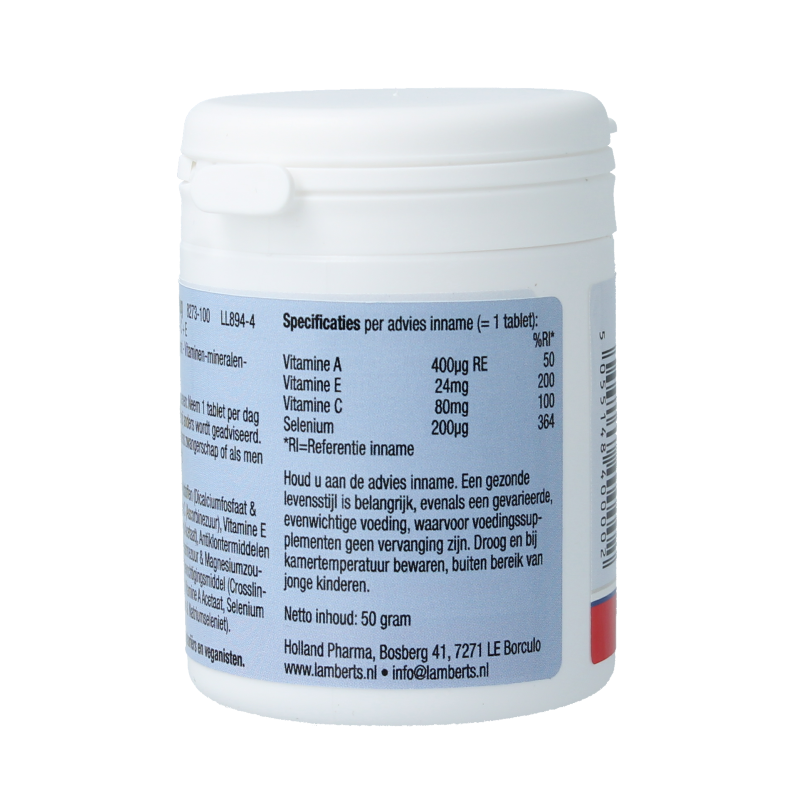 Lamberts Selenium 200mcg supplement in a bottle with 100 tablets, featuring vitamin A, C, and E for mineral support.