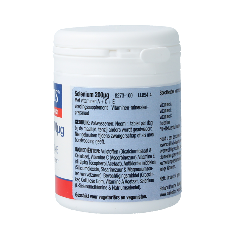 Lamberts Selenium 200mcg supplement with vitamin A, C, and E in a bottle of 100 tablets, dietary mineral supplement.