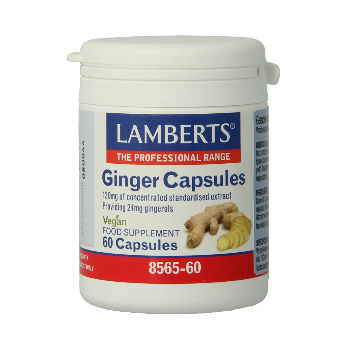 Lamberts Gember vegetarian capsules in a bottle, herbal supplement for digestive health, with a white label displaying product details.