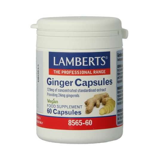Lamberts Gember vegetarian capsules in a bottle, herbal supplement for digestive health, with a white label displaying product details.
