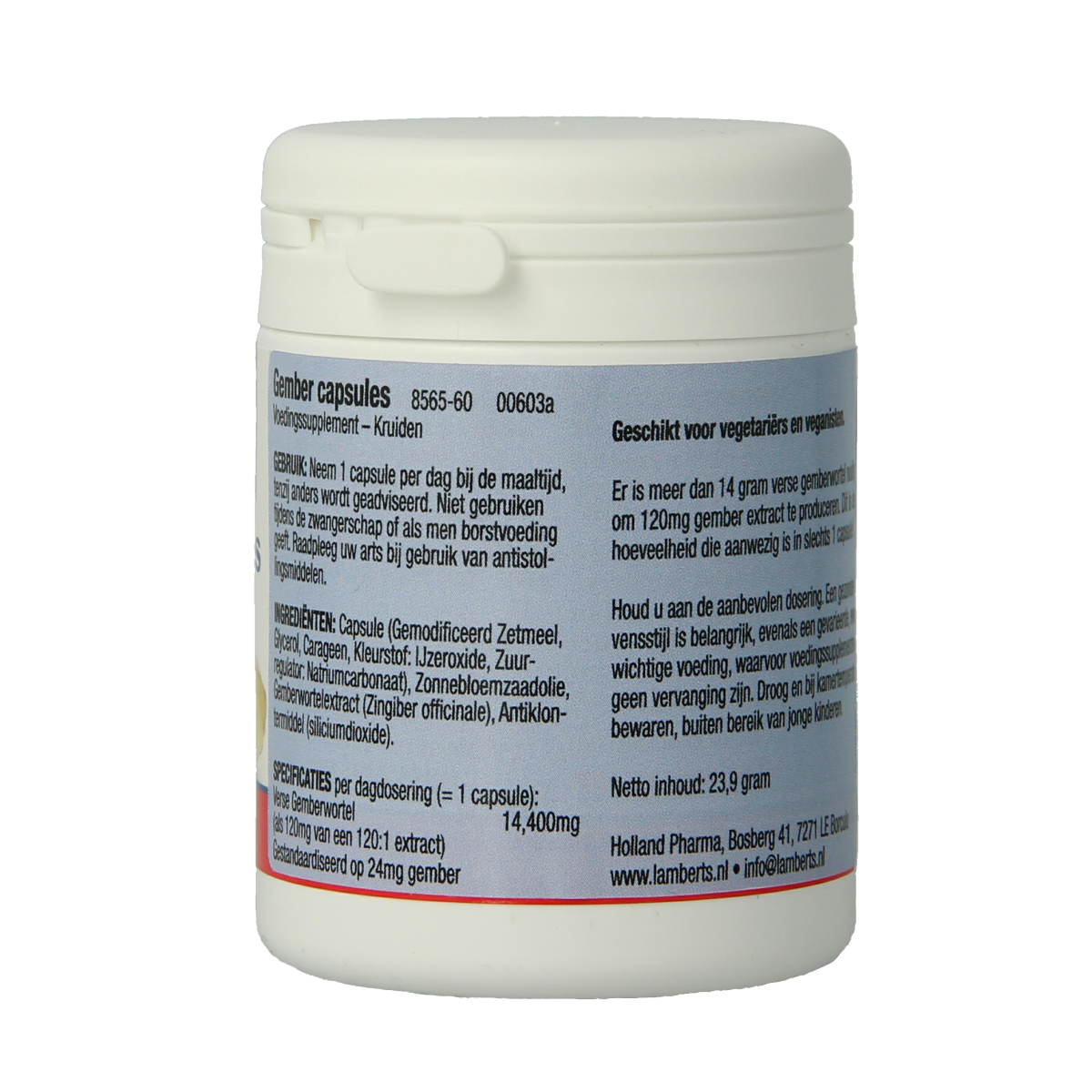 Lamberts Ginger vegetarian capsules in a bottle, herbal supplement for digestive health, with label showing product details.