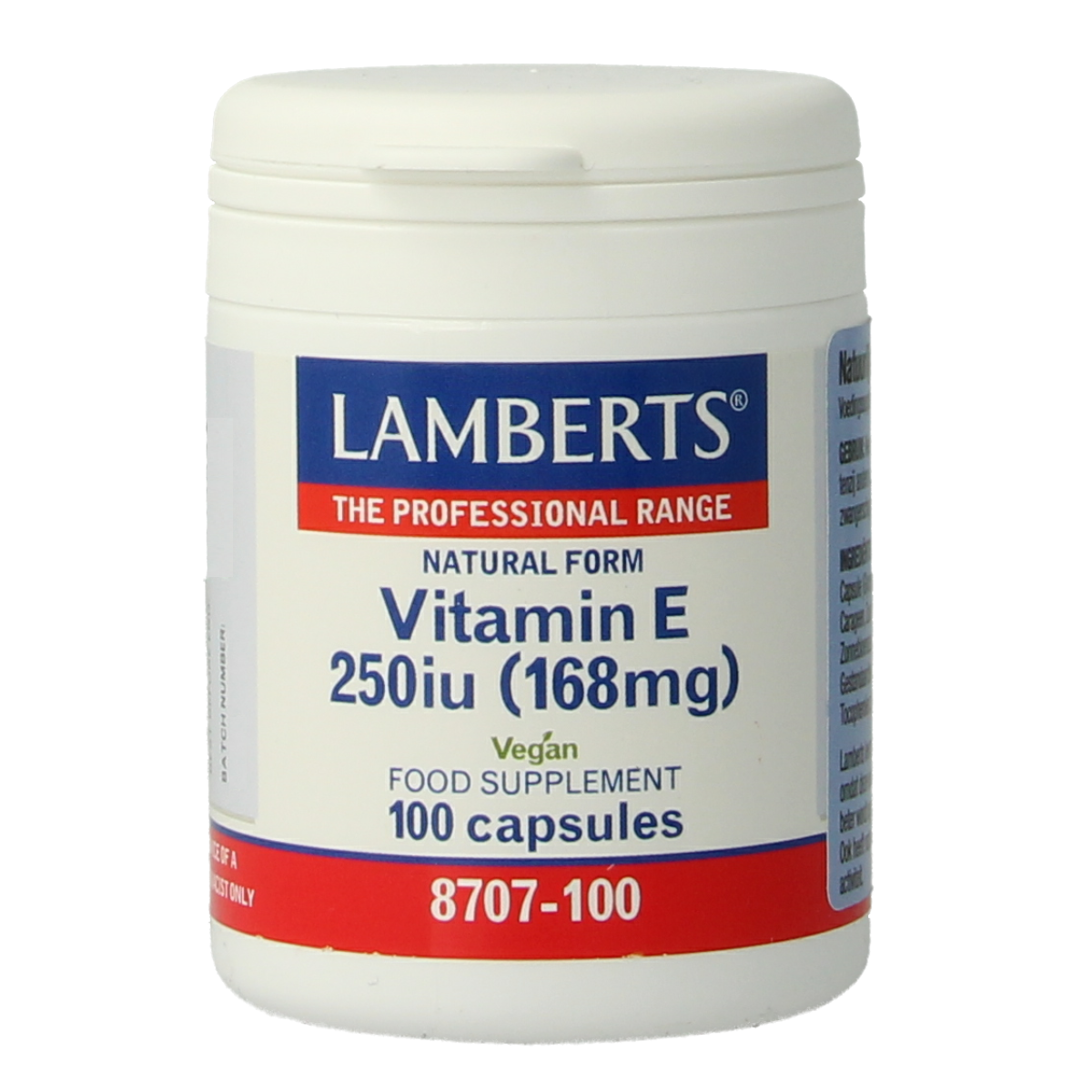 Lamberts Vitamine E 250IE natural vegetarian capsules, close-up of the supplement bottle and capsules on a white background