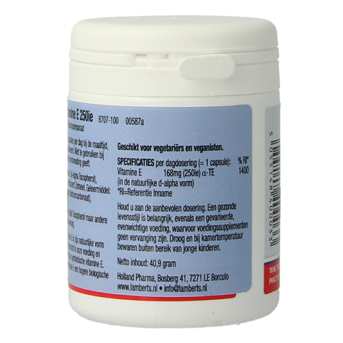 Lamberts Vitamin E 250IU vegetarian capsules in a bottle, showing the supplement's natural vitamin E capsules.