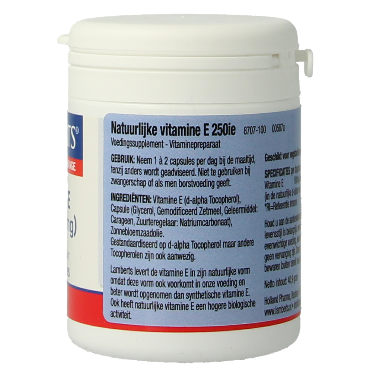 Lamberts Vitamin E 250IU vegetarian capsules, natural vitamin supplement, shown in a clear bottle with capsules inside.