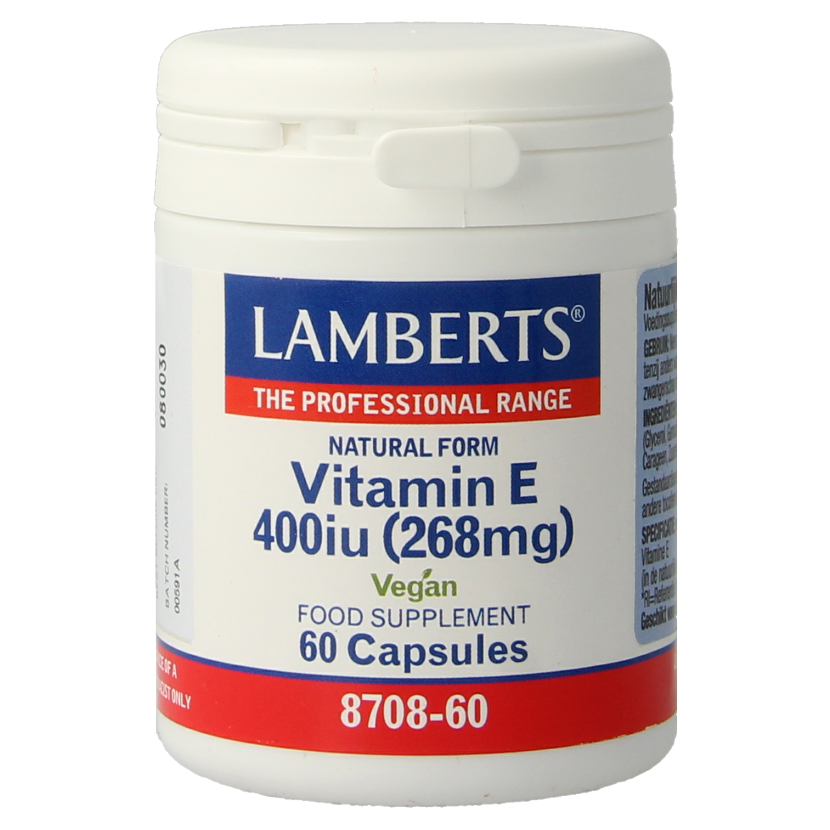 Lamberts Vitamin E 400IU vegetarian capsules, 60 count, natural vitamin E supplement in transparent bottle.