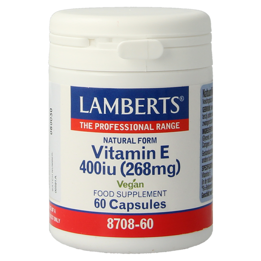 Lamberts Vitamin E 400IU vegetarian capsules, 60 count, natural vitamin E supplement in transparent bottle.