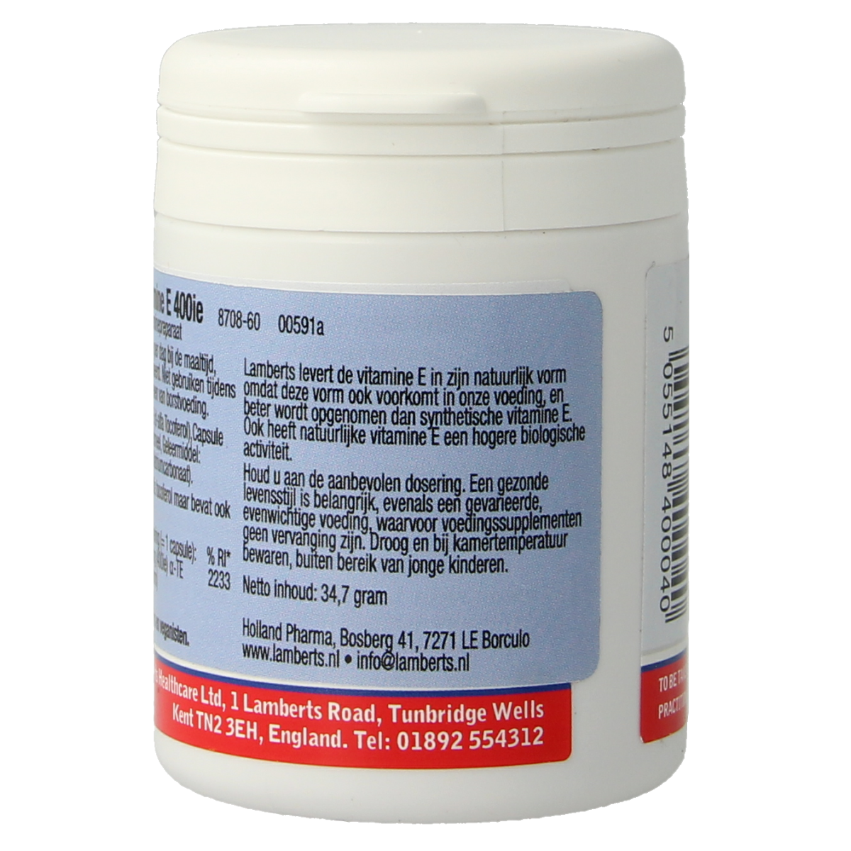 Lamberts Vitamin E 400IU vegetarian capsules, 60 count, natural vitamin E supplement in clear bottle with capsules visible inside.