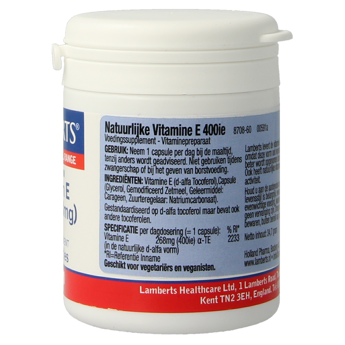 Lamberts Vitamin E 400IU vegetarian capsules, natural vitamin E supplement in a clear bottle with capsules inside.
