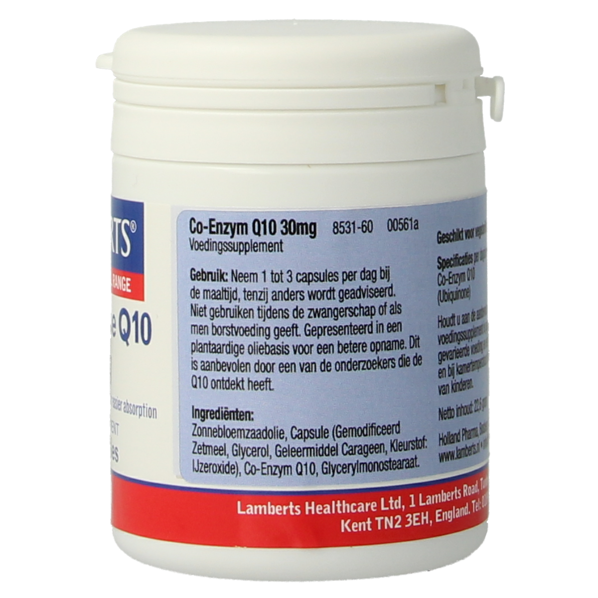 Lamberts Coenzyme Q10 30mg vegetarian capsules, 60-count bottle, showing the supplement capsules in a transparent container.