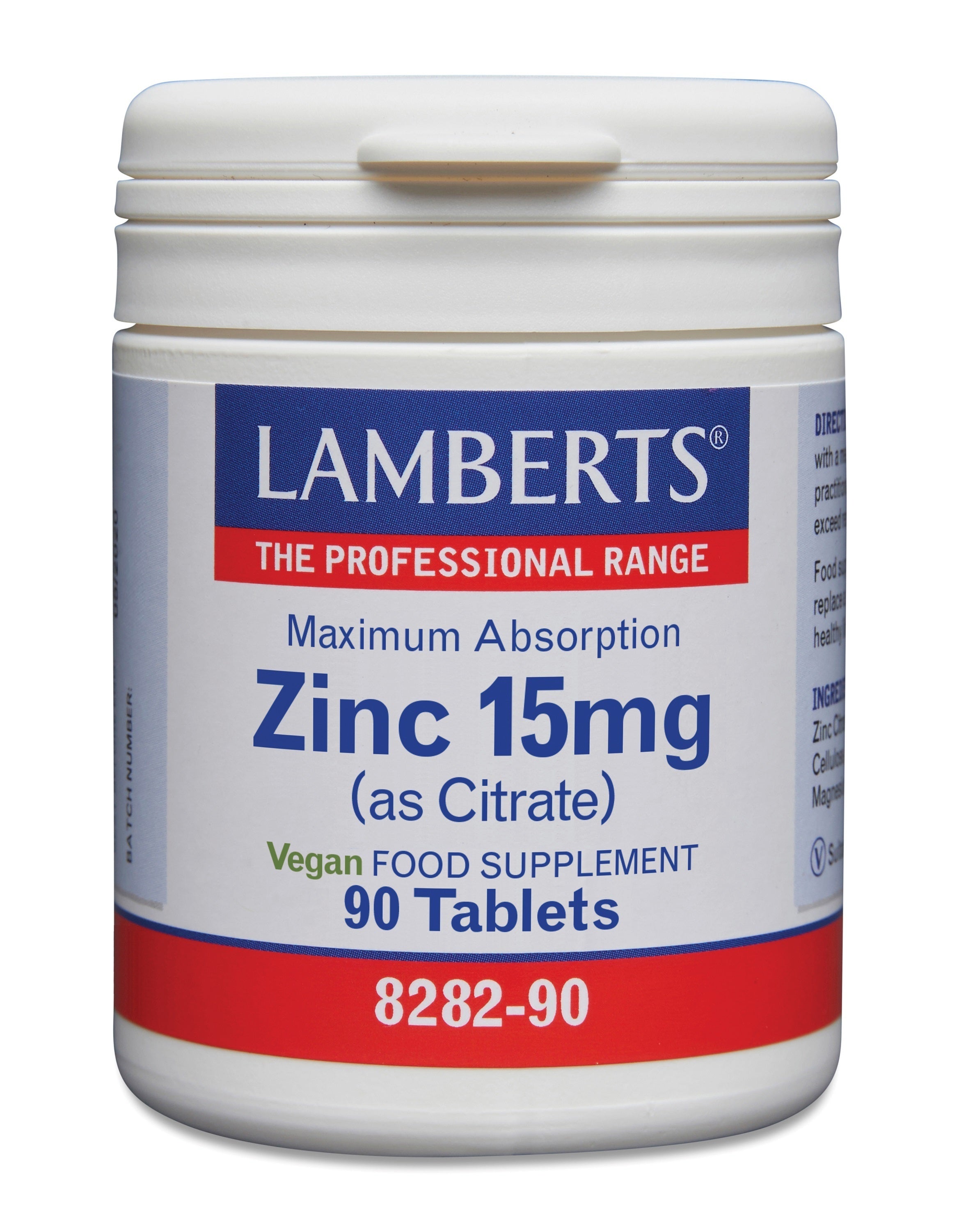 Lamberts Zinc Citrate 15mg mineral supplement tablets, 90 count, showing white tablets in blister pack.