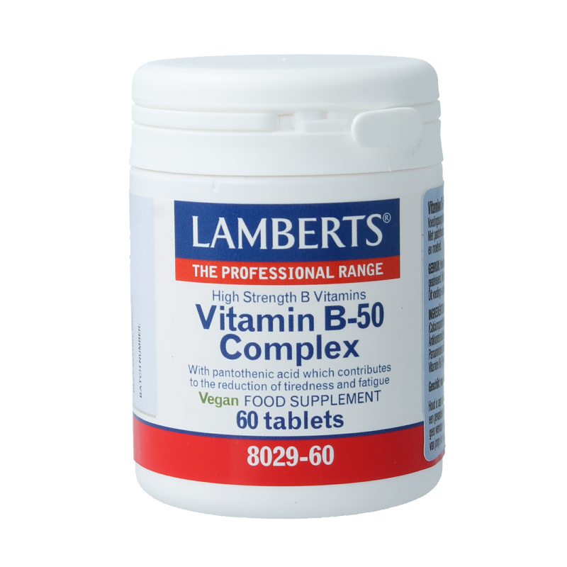 Lamberts Vitamin B50 Complex supplement bottles with 60 tablets, featuring colorful label and branding for multivitamin support.