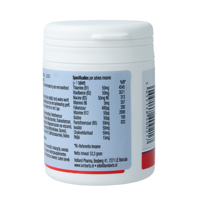 Lamberts Vitamin B50 complex supplement bottles with 60 tablets, featuring colorful labels and branding on the packaging.