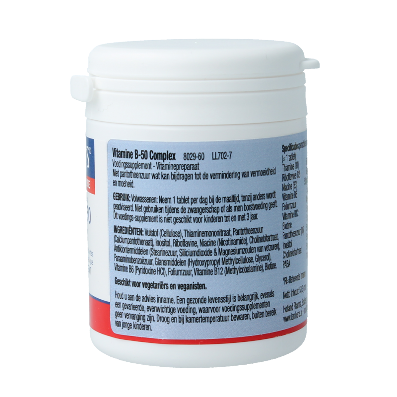 Lamberts Vitamin B50 Complex supplement in a bottle of 60 tablets, featuring colorful tablets and the product label.