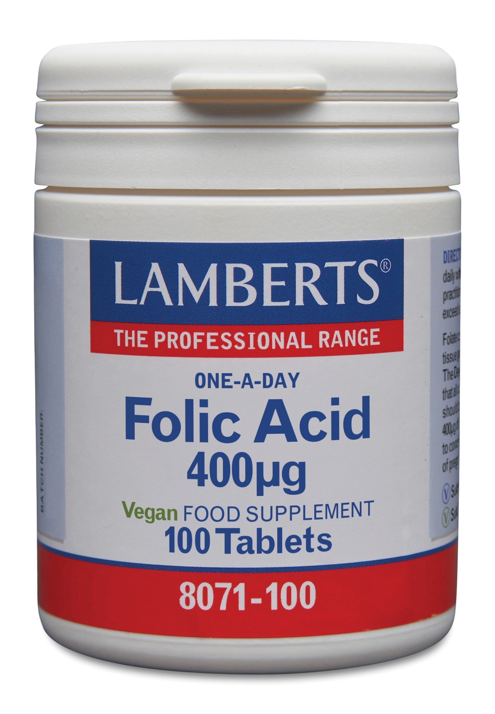 Lamberts Vitamin B11 400mcg folic acid supplement in a bottle of 100 tablets, showing the label and tablets inside the bottle.