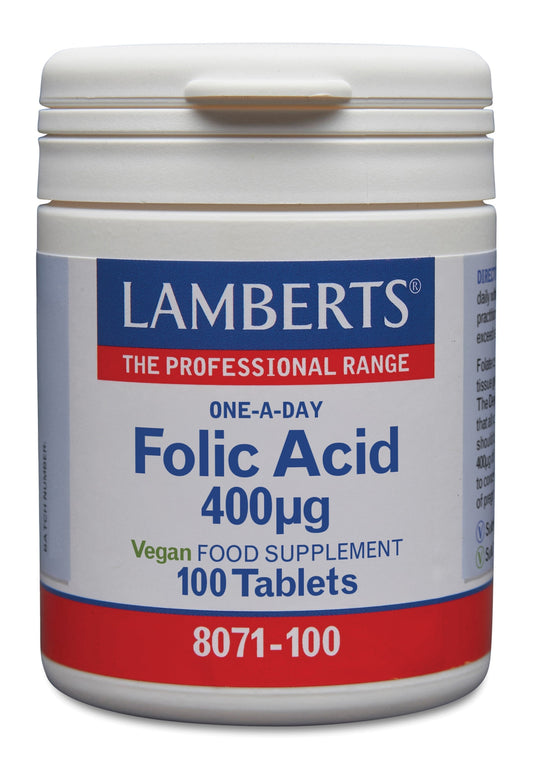 Lamberts Vitamin B11 400mcg folic acid supplement in a bottle of 100 tablets, showing the label and tablets inside the bottle.
