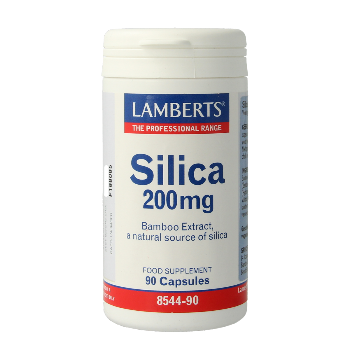 Lamberts silica capsules with bamboo-derived silica 200mg, vegetarian mineral supplement in a bottle.