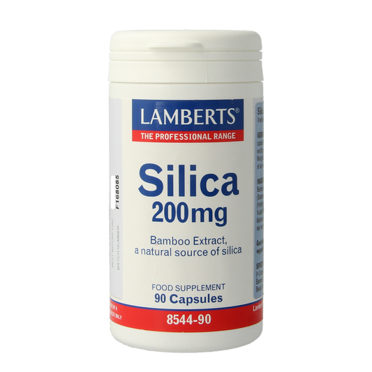 Lamberts silica capsules with bamboo-derived silica 200mg, vegetarian mineral supplement in a bottle.