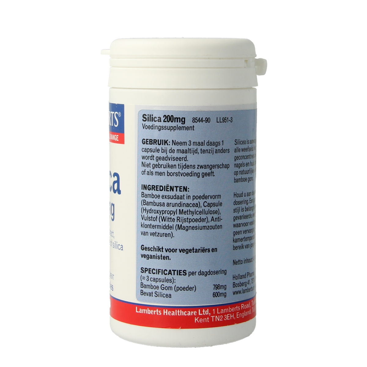 Lamberts silica capsules with bamboo-derived silica 200mg, vegetarian mineral supplement in a bottle.