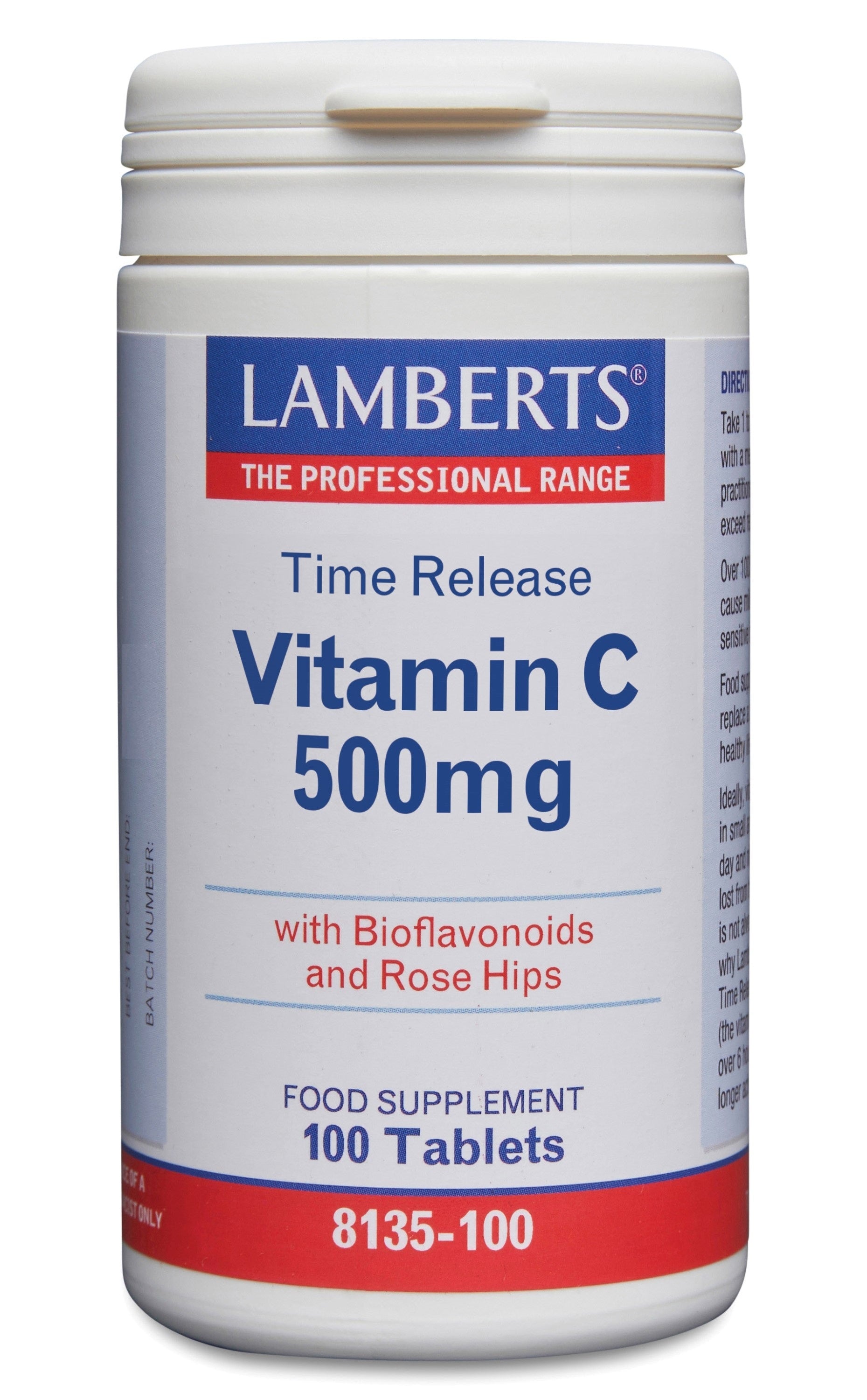 Lamberts Vitamin C 500mg with bioflavonoids, time-release tablets, showing a bottle of 100 dietary supplement tablets.