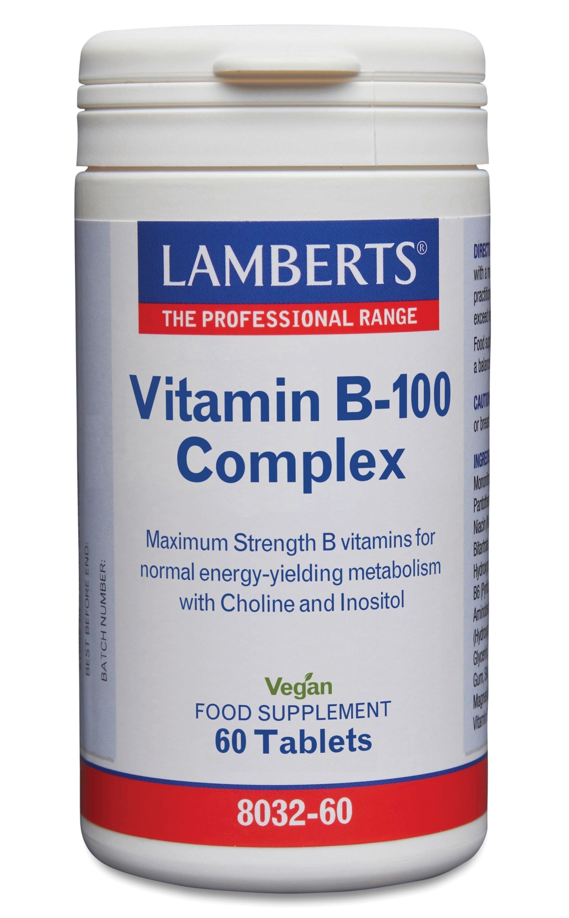 Lamberts Vitamin B100 complex supplement tablets, showing a bottle of multivitamins with 60 tablets in a clear container.