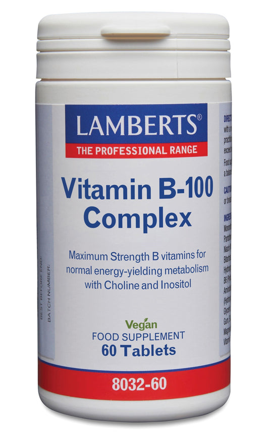 Lamberts Vitamin B100 complex supplement tablets, showing a bottle of multivitamins with 60 tablets in a clear container.