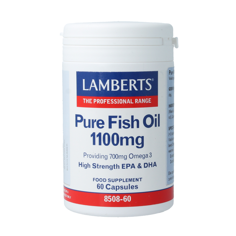 Lamberts Pure Visolie 1100mg omega 3 Vetzuren capsules, showing a bottle of 60 softgel capsules with label details.