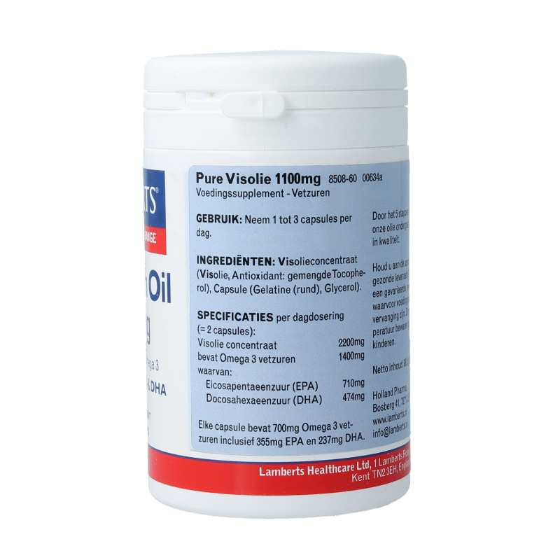 Lamberts Pure visolie omega 3 1100mg capsules, showing 60 softgel capsules with clear label and golden color.