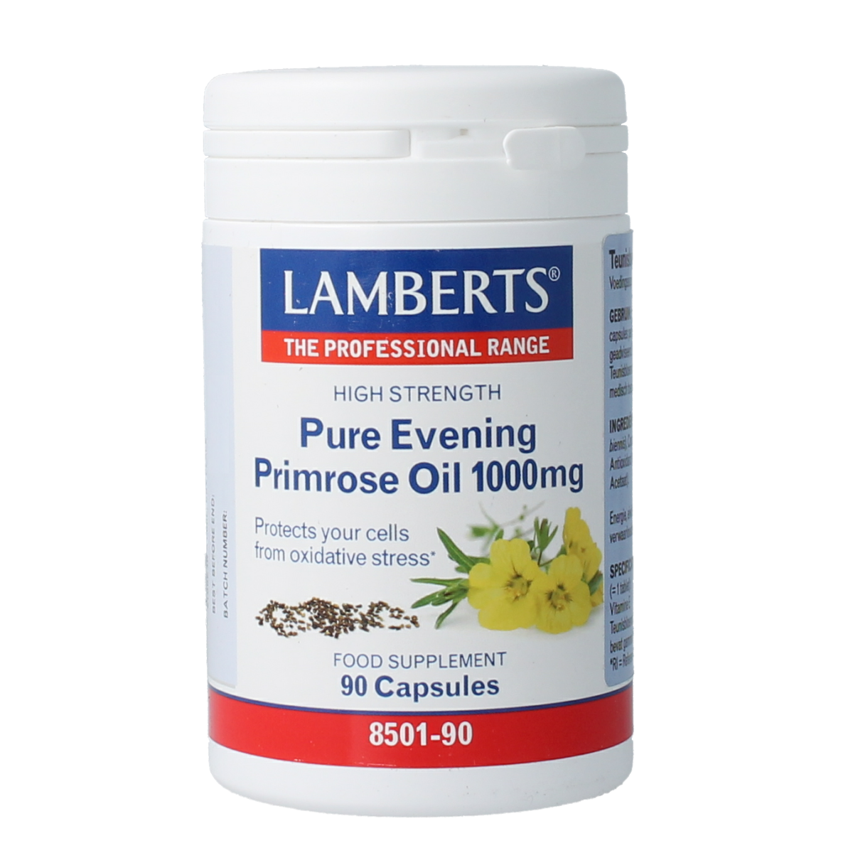 Lamberts Teunisbloemolie 1000mg capsules, pure evening primrose oil, dietary supplement for healthy skin and hormonal balance.