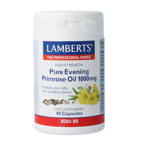 Lamberts Teunisbloemolie 1000mg capsules, pure evening primrose oil, dietary supplement for healthy skin and hormonal balance.