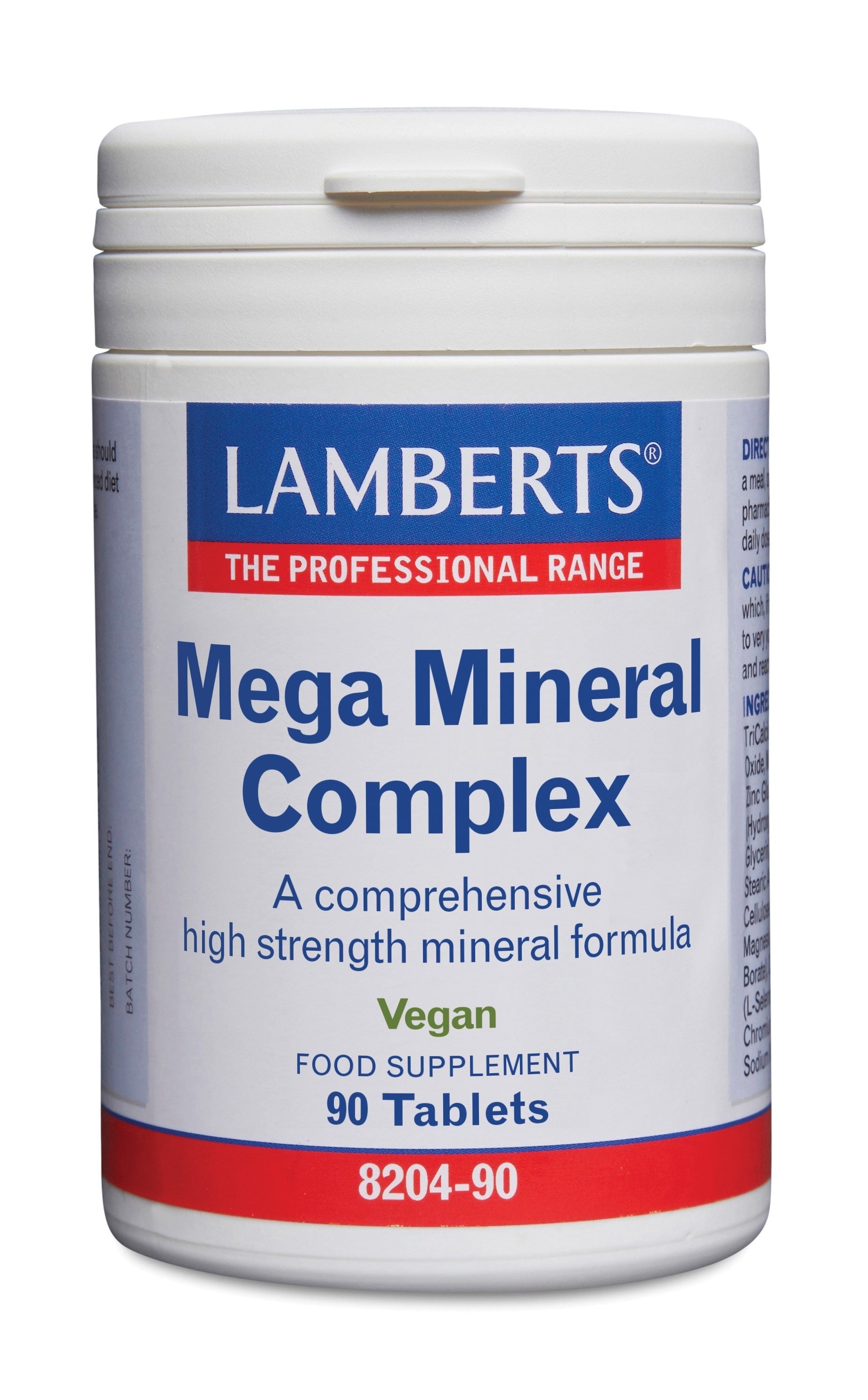 Lamberts Mega Mineral Complex bottle with 90 tablets, showing the supplement label and packaging for mineral multivitamins.