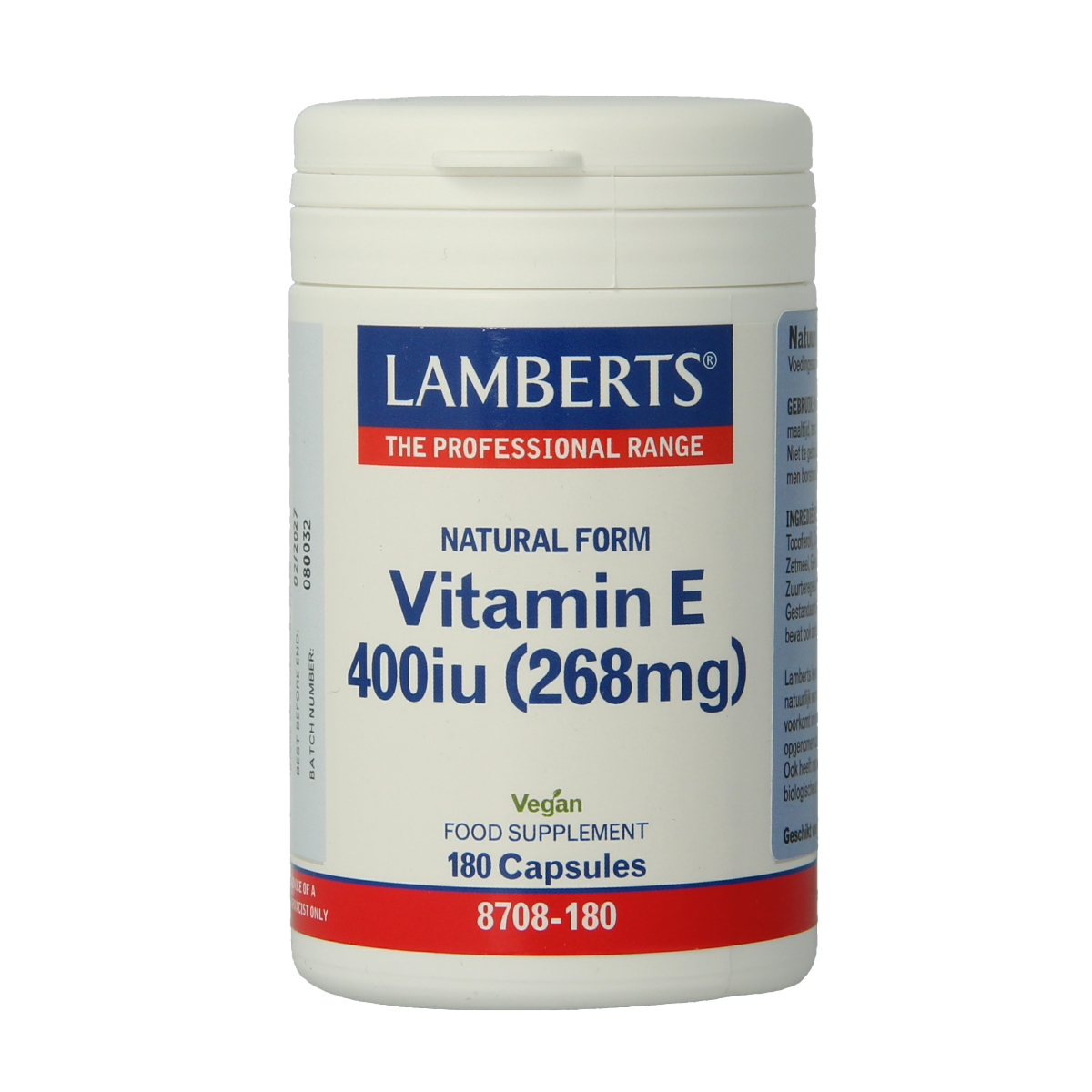 Lamberts Vitamine E 400IE natural vegetarian capsules, showing the bottle and capsules on a white background.