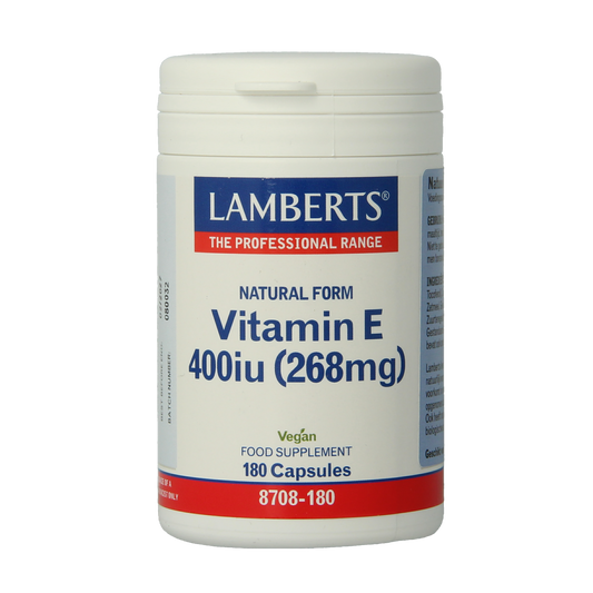Lamberts Vitamine E 400IE natural vegetarian capsules, showing the bottle and capsules on a white background.
