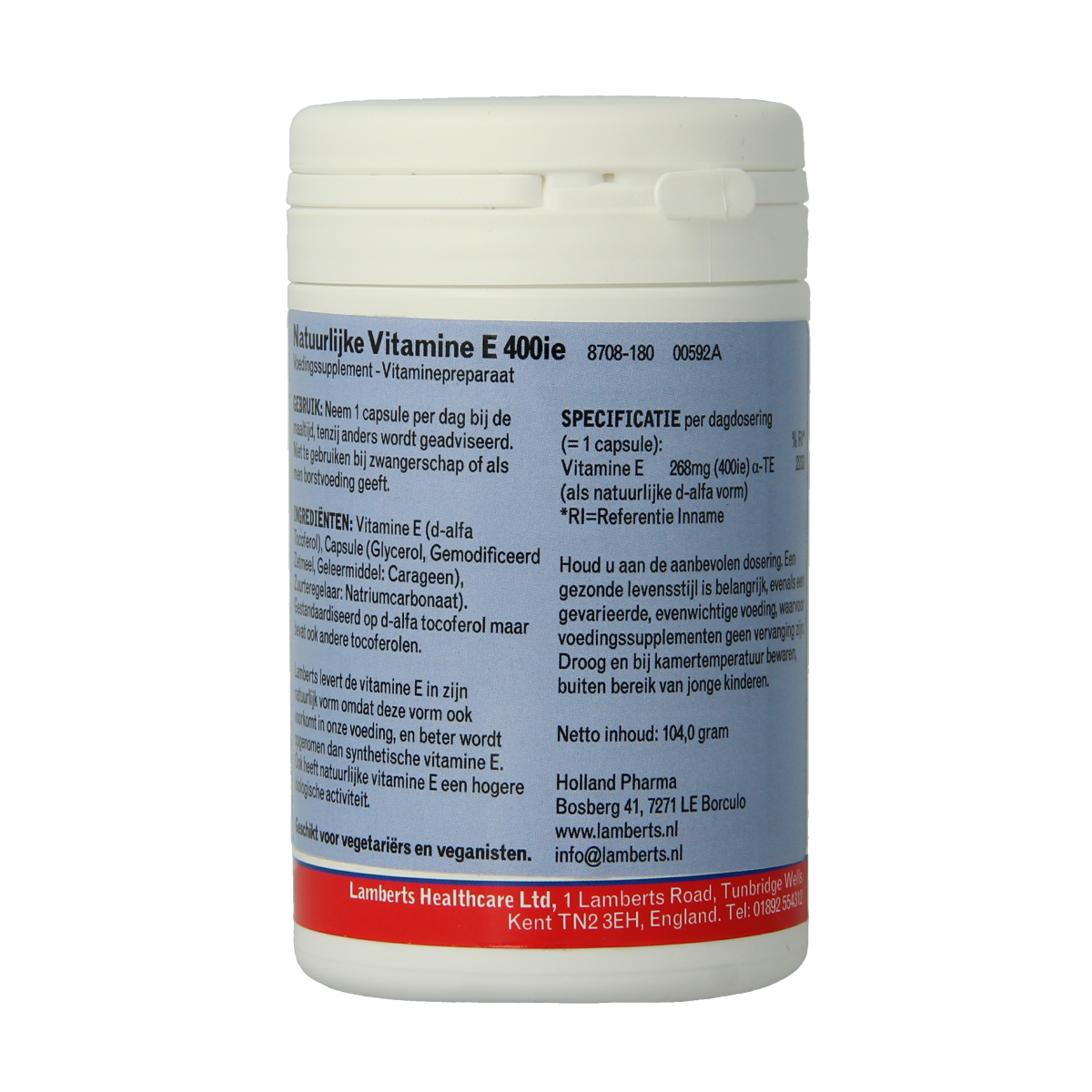 Lamberts Vitamin E 400IU vegetarian capsules, 180 count, showing the supplement bottle with green and white label design.